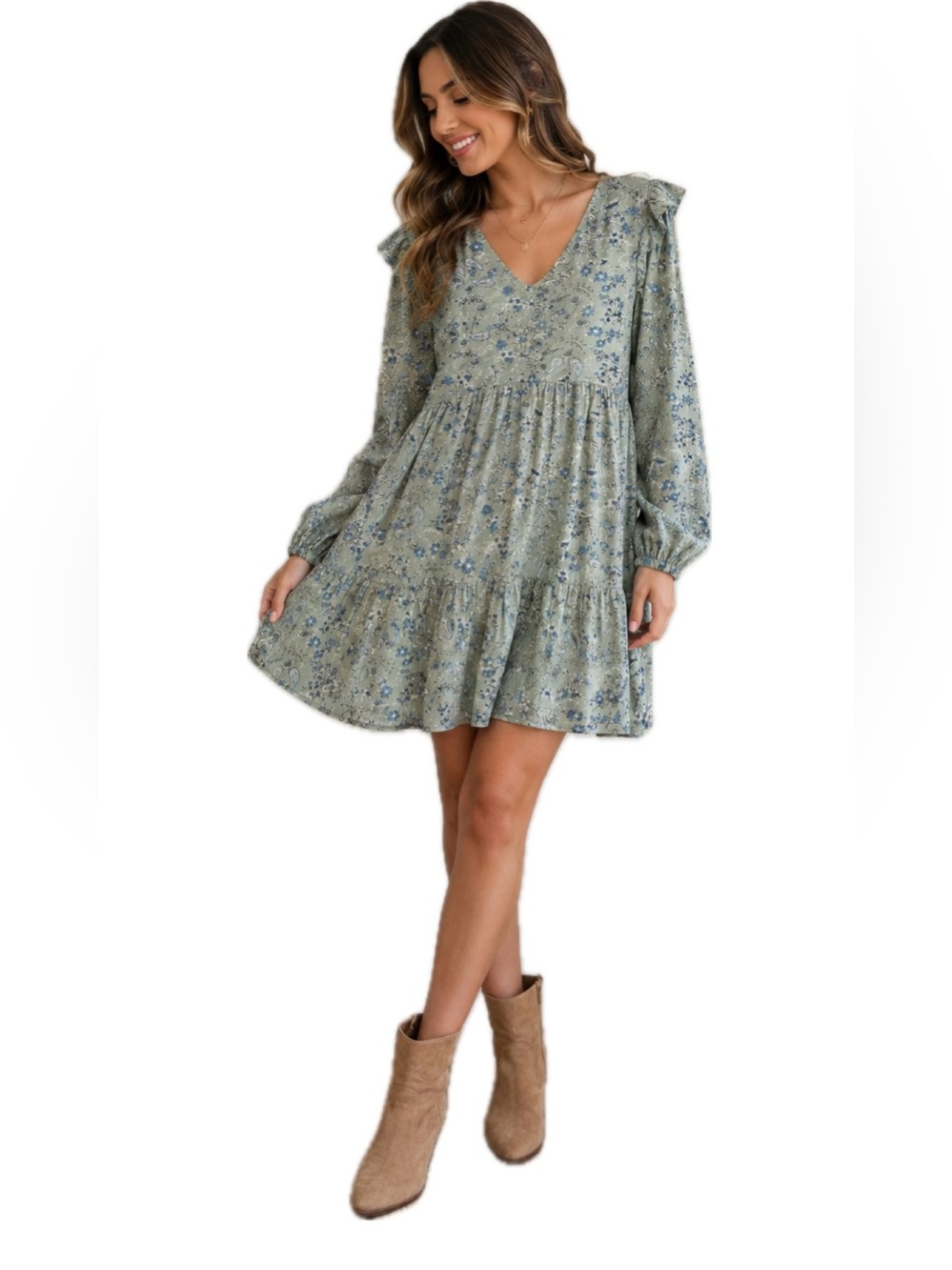 NWT Heyson Sage Green Floral Paisley Mini Dress L Boho Cottagecore